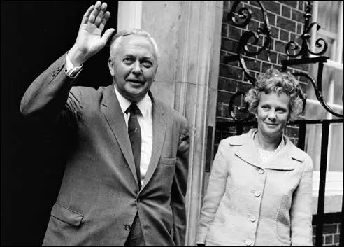Harold Wilson and Mary Wilson outside 10 Downing Street (October, 1964)