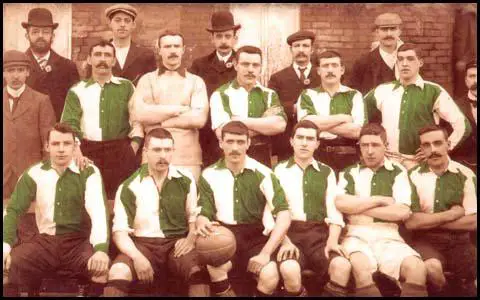 The Welsh team that played against England on 18th March, 1901. Leigh Rooseis wearing the goalkeeper's jersey. The captain, Billy Meredith is holding the ball.