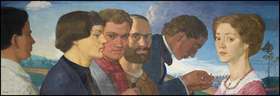 John S. Currie, Some Later Primitives and Madame Tisceron. Left to right: Currie, Mark Gertler, C.R.W. Nevinson, Edward Wadsworth, Adrian Allinson and Madame Tisceron (1910)