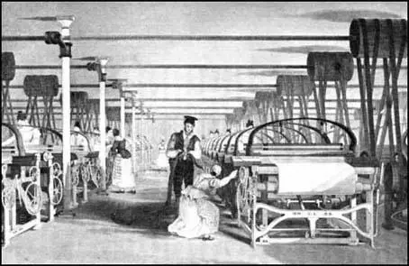 This illustration of power loom weaving appeared in EdwardBaines's The History of Cotton Manufacture in Great Britain (1835)