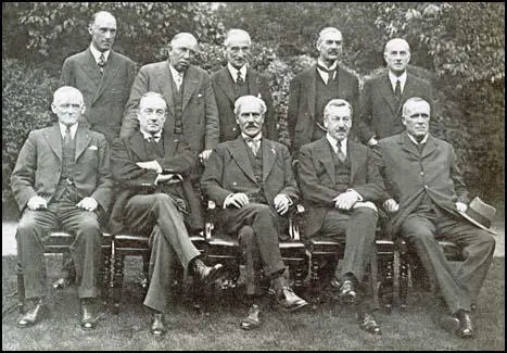 The National Government: Standing, left to right, Philip Cunliffe-Lister, Jimmy Thomas, Lord Reading, Neville Chamberlain, Samuel Hoare. Seated, left to right: Philip Snowden, Stanley Baldwin, Ramsay MacDonald, Herbert Samuel and John Sankey.