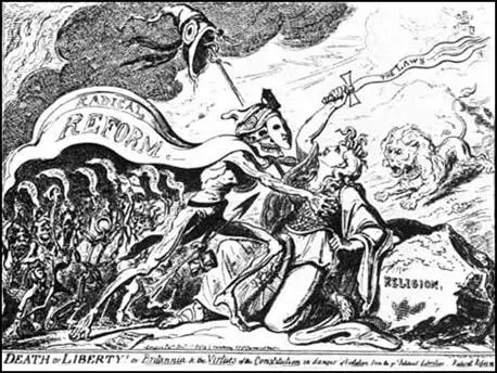 George Cruikshank was a moderate reformer who disagreedwith the Radicals. This cartoon was published in December, 1819.