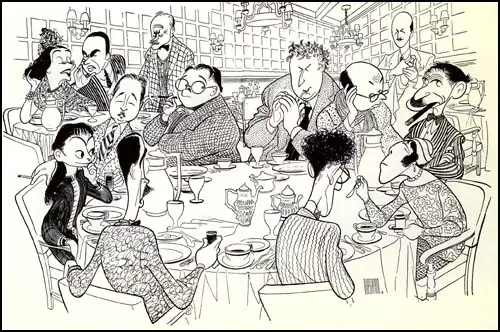 Cartoon of the Algonquin Round Table by Al Hirschfeld. Clockwise, from the bottom left: Robert E. Sherwood, Dorothy Parker, Robert Benchley, Alexander Woollcott, Heywood Broun, Marc Connelly, Franklin Pierce Adams, Edna Ferber and George S. Kaufman. In the background, left to right, Lynn Fontanne, Alfred Lunt, Frank Crowninshield and Frank Case.