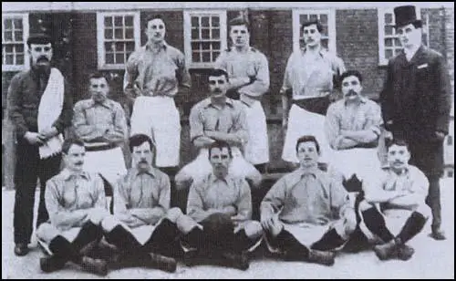 Thames Ironworks in 1897. The back three are George Neil, David Furnell and Walter Tranter. In the front row is Jimmy Reid (second from left) and George Gresham (second from right).