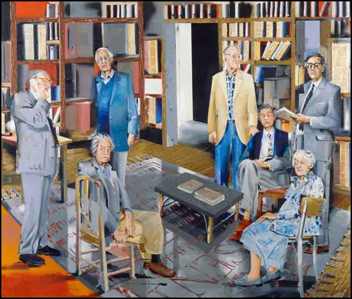 Historians of 'Past and Present' by Stephen Farthing: Standing: Eric Hobsbawm; Rodney Hilton; Lawrence Stone; Sir Keith Thomas; seated: Christopher Hill; Sir John H. Elliott and Joan Thirsk (1999)