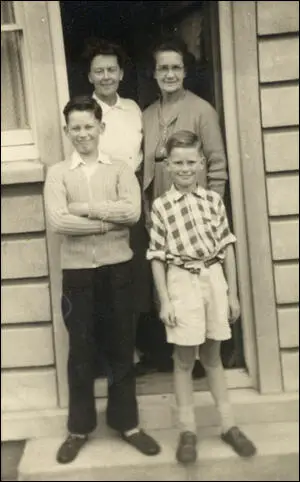 Back Row (left to right): Mrs Muriel Simkin; Mrs Elizabeth Hughes. Front Row (left to right): John Simkin and David Simkin at 27 Audley Gardens, Debden, Loughton, Essexin 1957.