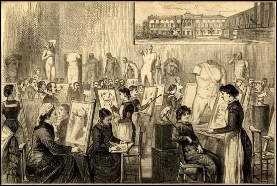 A drawing class at the Slade School of Fine Art that appeared in the Illustrated London News in 1881. The female students are shown drawing from plaster casts of antique classical statues. The inset picture on this illustration shows The Slade School of Fine Art in the North Wing of London's University College.