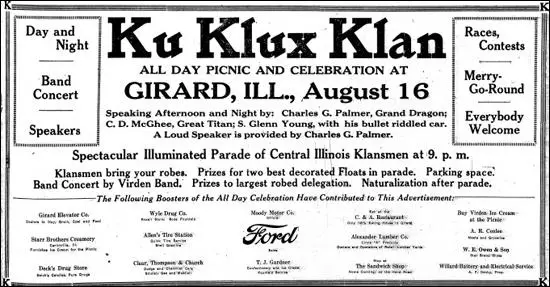 (Source 12) KKK advertisement in the Illinois State Journal (15th August, 1924)