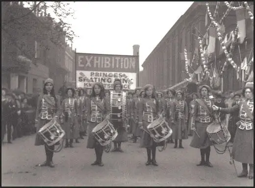Mary Leigh as drum-major of the WSPU drum and fife band (c. 1909)