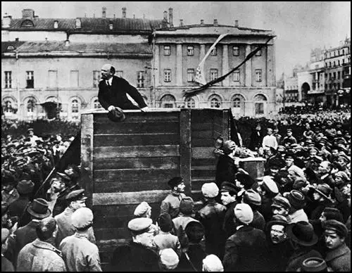 Lenin speaking to a crowd in Petrograd in October, 1917.