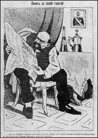 Cartoon of Lenin in the satrical journal, Pugach. "Lenin reading his own newspaper. The truth - not to be found in Pravda - is that I got two million from Wilhelm! But even that's not the whole truth. If they knew, I'd hang." (April, 1917)