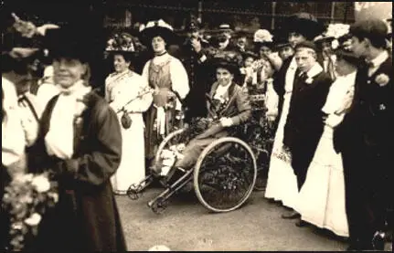 May Billinghurst in a wheelchair during a demonstration (c. 1912)