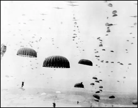 Allied paratroopers descending over the Netherlands, during Operation Market Garden