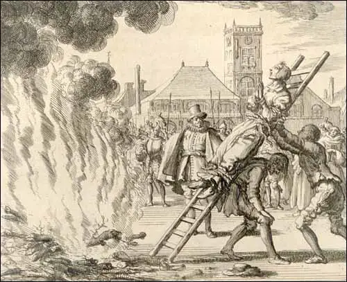 Woodcut of an heretic being tortured on the rack in the Tower of London.