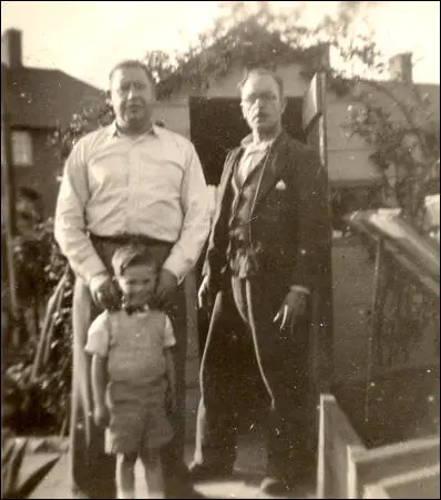 John (Ted) Simkin with my brother David Simkin, photographed alongside a neighbour, Arthur Whitehead in about 1953. When this photograph was taken the family were living at 42 Bernwell Road, Chingford, Essex.