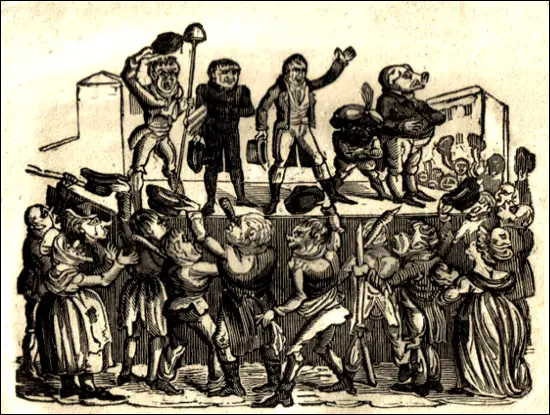 Cartoon attacking the radicals. It shows Henry Hunt in the centre, the Black Dwarf (Thomas Jonathan Wooler) and a Pig (Tomas Spence)