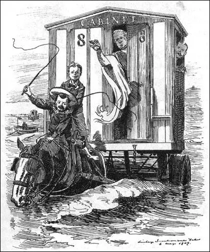 Winston Churchill to David Lloyd George: "Lay into him David." H. H. Asquith: "Steady on, you young terrors, you're making it very uncomfortable for us in here." Linley Sambourne, Getting Into Deep Water (11th November, 1909)