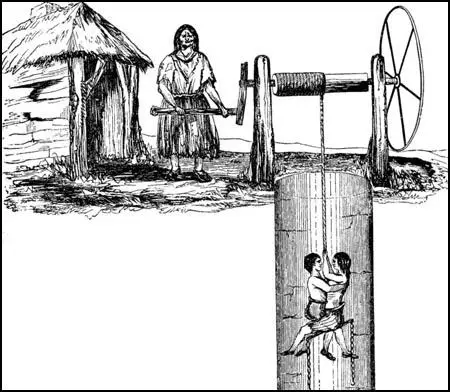 A drawing of Ann Ambler and Will Dyson being drawn up a pit shaft in Elland (1842)