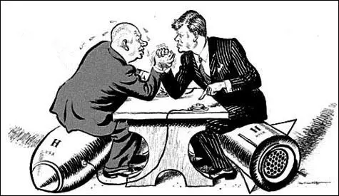 American cartoon on the dispute between John F. Kennedy and Nikita Khrushchev (October, 1962)
