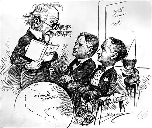 Cliff Berryman, Uncle Sam lectures Herbert Hoover and Al Smith (1928)