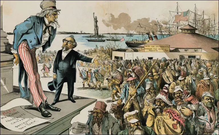 Where The Blame Lies. Judge (to Uncle Sam) - “If Immigration was properly Restricted you would no longer be troubled with Anarchy, Socialism, the Mafia and such kindred evils!” (1891) .