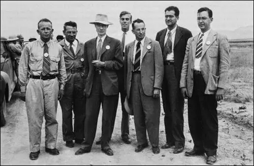 Manhattan Project physicists at Los Alamos. From left to right: Kenneth Bainbridge, Joseph Hoffman, Robert Oppenheimer, Louis Hempelmann, Robert Bacher, Victor Weisskopf and Richard Dodson.