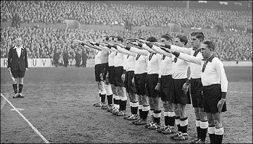 The German football team give the Nazi salute (4th December, 1935)