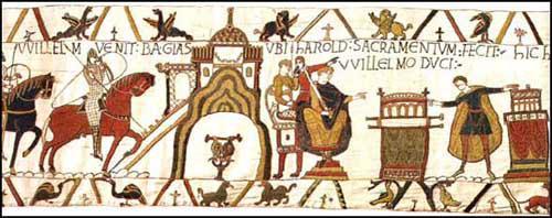 Section 23: Harold swears fealty to William of Normandy, Bayeux Tapestry (c. 1090)