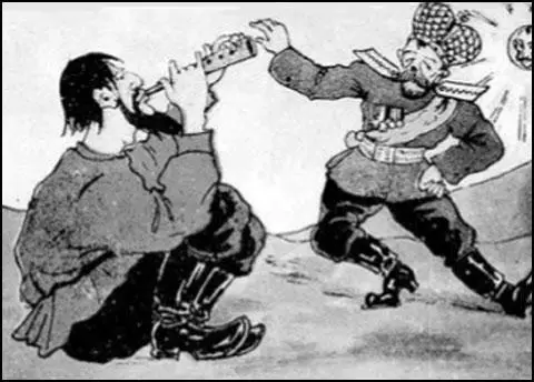 Russian cartoon showing Rasputin and Nicholas II (1916)