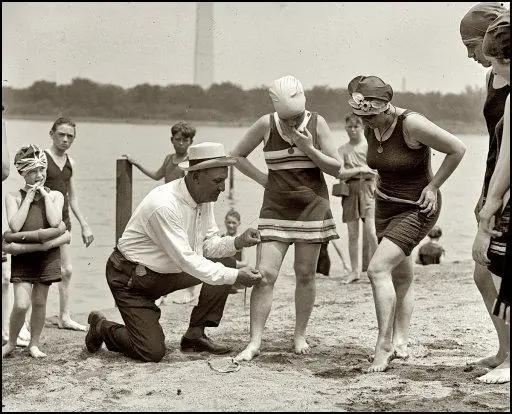 (Source 8) Bill Norton measuring the distance between knee and suit at the Tidal Basin bathing beach in Washington (30th June, 1922)