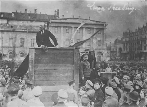 Lenin speaking to a crowd in Petrograd in October, 1917.