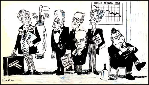 Vicky, cartoon showing Harold Wilson, Aneurin Bevan, Michael Foot, Ian Mikardo attacking Herbert Morrison, Clement Attlee and Hugh Gaitskell (July, 1951)