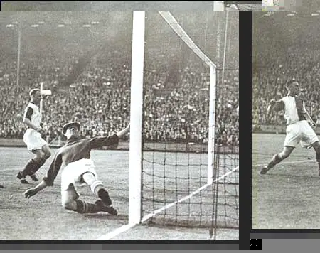 James Barron, the Blackburn Rovers goalkeeper is beaten by a shot fromSam Small of West Ham United in the 1940 Football League Cup Final.