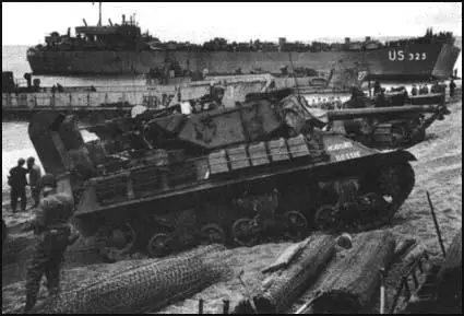 A Sherman Tank being landed at Normandy in June 1944.