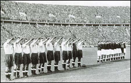 The England team give the Nazi salute in May 1938