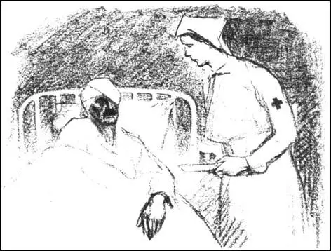 NURSE: "Don't be discouraged. The doctor says you'll be back on the firing line in a week"Maurice Becker, The Masses (December, 1914)