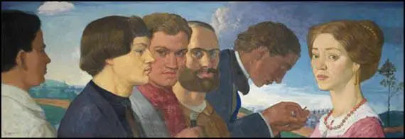 John Currie's painting, Some Later Primitives and Madame Tisceron. Left to right: Currie, Mark Gertler, C. R. W. Nevinson, Edward Wadsworth, Adrian Allinson and Madame Tisceron (1910)