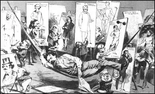 Joseph Keppler published a drawing of himself asleep while the politicians repainted his images of them (Puck, 10th August, 1884)