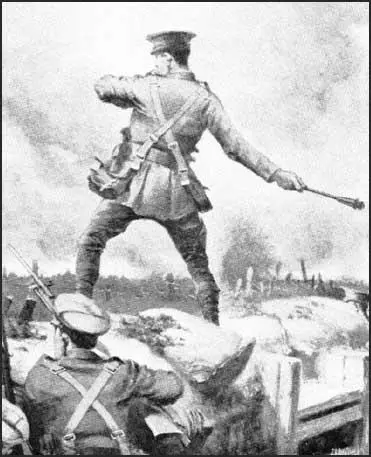 Drawing by J. H. Valda of Arthur Fleming-Sandes winning his VC at the Battle of Loos.