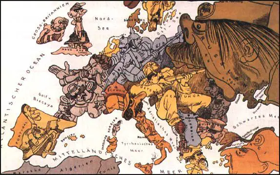 German drawing illustrating the military alliances in Europe (1914)