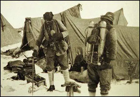 George Mallory and Andrew Irvine preparing to leave their camp near Everest in 1924.