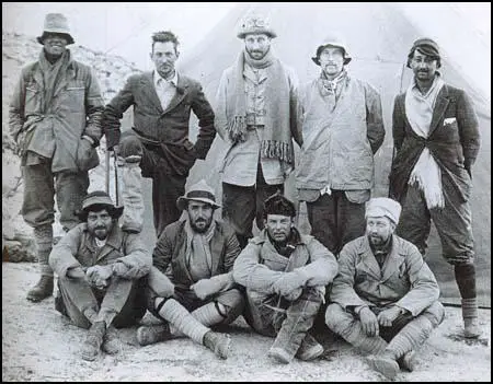 The 1924 expedition at base camp. Back row, left to right: Andrew Irvine, George Mallory, Edward Norton, Noel Odell and John Macdonald. Front row: Edward Shebbeare, Geoffrey Bruce, Howard Somervell and Bentley Beetham.