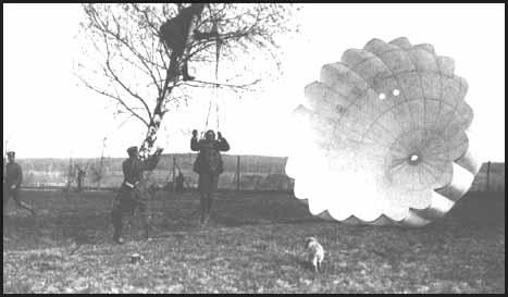 A German pilot and his parachute is disentangled from a tree in 1918.