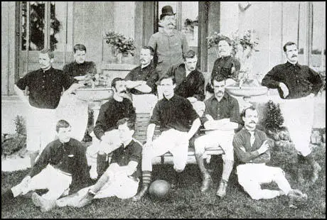 The Arsenal team in the 1888-89 season. Front (left to right): Morris, Humphrey Babour,J. M. Charteris. Seated: Brown, Peter Connolly, David Danskin. Standing: Richard Horsington, Wilson, Fred Beardsley, Joseph Bates, John McBean and William Scott.