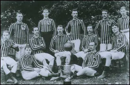 The Aston Villa 1887 FA Cup-winning side. Back row (left to right): Frank Coulton,James Warner, Fred Dawson, Joe Simmonds, Albert Allen. Middle row: (left to right):Richmond Davies, Albert Brown, Archie Hunter, Howard Vaughan, Dennis Hodgetts.Harry Yates and John Burton are seated on the floor.