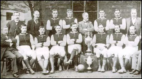 Aston Villa in April 1897. Standing from left to right, are: George Ramsay (secretary),John Grierson (trainer), Howard Spencer, James Whitehouse, Joshua Margoschis (chairman),Albert Evans, Jimmy Crabtree, John Lees (director). Seated, from left to right,Victor Jones (director), James Cowan, Charlie Athersmith, Johnny Campbell, John Devey,George Wheldon, John Cowan and Jack Reynolds.