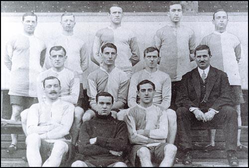 Blackburn Rovers in 1911-12 season. From left to right, back row: Jock Simpson,Edwin Latheron, George Chapman, Wattie Aitkenhead, Walter Anthony: Middle Row:Albert Walmsley, Percy Smith, Billy Bradshaw, Robert Middleton, Front Row,Bob Crompton, Alf Robinson and Arthur Cowell.