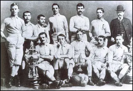 Blackburn Rovers with the FA Cup, the Lancashire Cup and the Lancashire CharityCup that they won in 1883-84 season. Back row, left to right: Joseph Lofthouse,Hugh McIntyre, Joe Beverley, Herbie Arthur, Fergie Suter, James Forrest,Richard Birtwistle, Front row: Jimmy Douglas, Joe Sowerbutts, Jimmy Brown,George Avery and John Hargreaves.