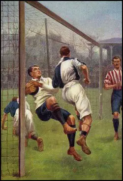 Goalkeeper being legally barged over the goal line in a game in 1904.