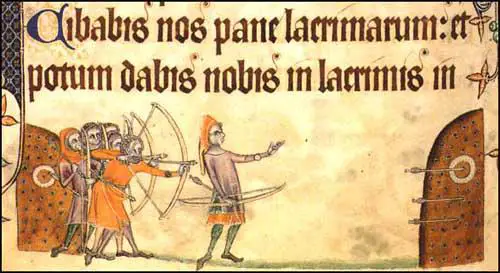 Longbowmen practicing at the butts (Geoffrey Luttrell Psalter, 1325)